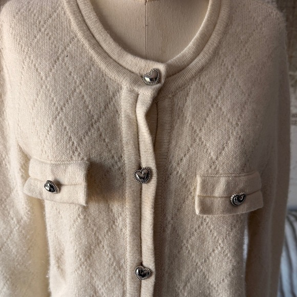 Cream Diamond Knit Cardigan Sweater Heart Buttons Women's size M - Picture 2 of 5